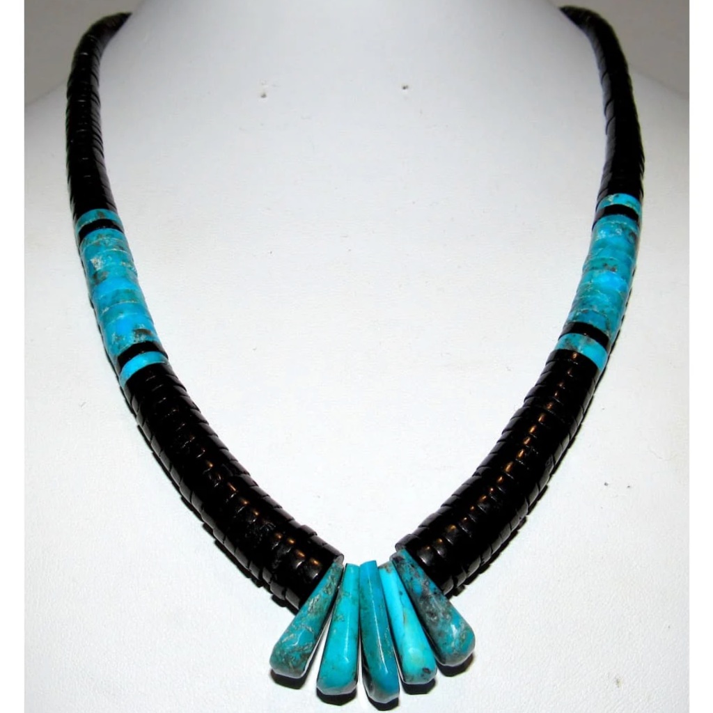 Santo Domingo Kingman Black Onyx Heishi Necklace Lupe Lovato 470$